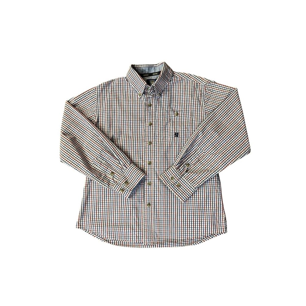 Wrangler 20X Boys L Button Down Shirt Red Blue Plaid Long Sleeve Western